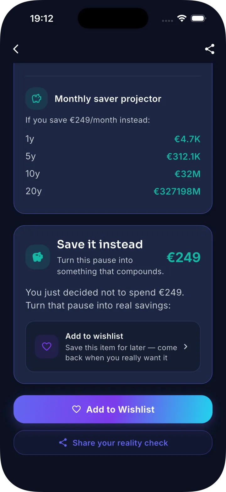PausePrice result screen with wishlist and sharing actions